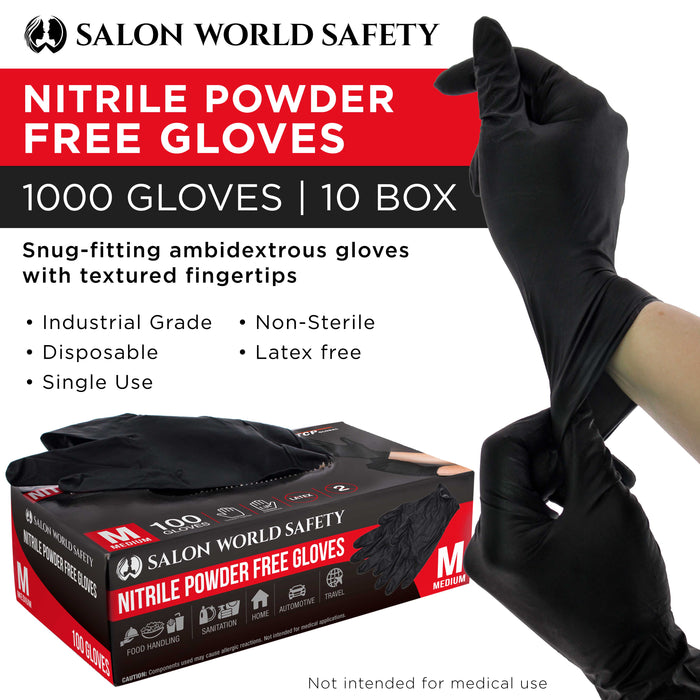 Black Nitrile Disposable Gloves, 10 Boxes of 100 - Medium, 4 Mil Thick - Latex and Powder Free, Textured Tips, Food Safe, Extra-Strong Protection