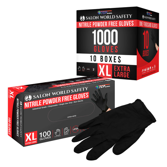 Black Nitrile Disposable Gloves, 10 Boxes of 100 - X-Large, 4 Mil Thick - Latex and Powder Free, Textured Tips, Food Safe, Extra-Strong Protection