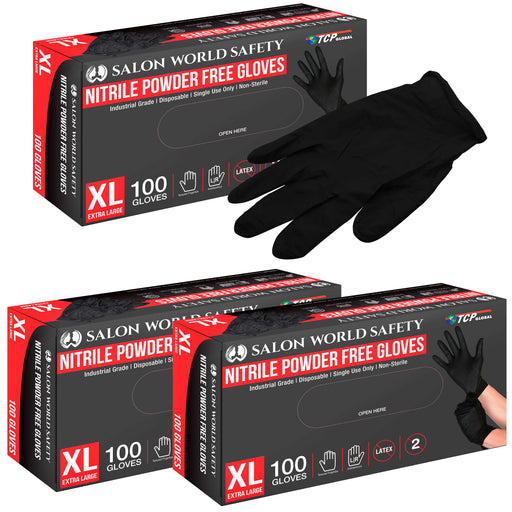 Black Nitrile Disposable Gloves, 3 Boxes of 100 - X-Large, 4 Mil Thick - Latex and Powder Free, Textured Tips, Food Safe, Extra-Strong Protection