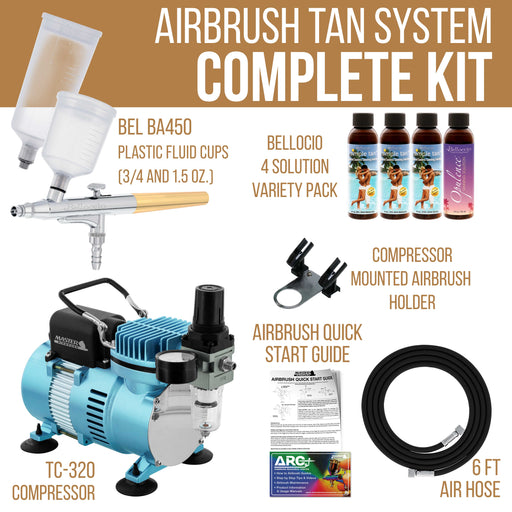 Complete Professional Turbo Tan Airbrush Sunless Tanning System; Belloccio 4 Solution Variety Pack