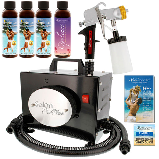 Salon Pro Plus T200-11, 2 Stage Turbine Sunless HVLP Spray Tanning System; Belloccio 4 Solution Variety Pack & Video