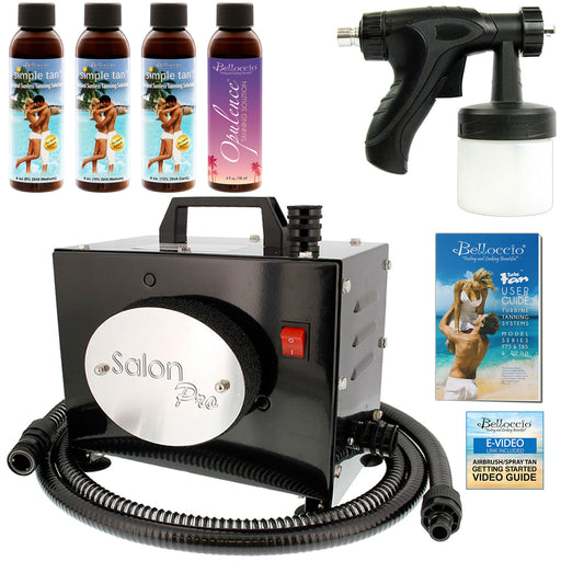 Salon Pro T200-12, 2 Stage Turbine Sunless HVLP Spray Tanning System; Simple Tan 4 Solution Variety Pack & Video