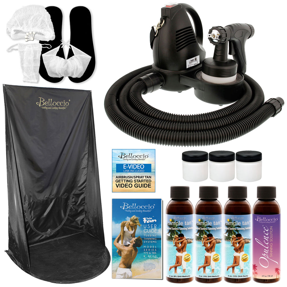 Belloccio Premium T75 Sunless HVLP Turbine Spray Tanning System; Simple Tan 4 Solution Variety Pack, Curtain, Accessories & Video Link