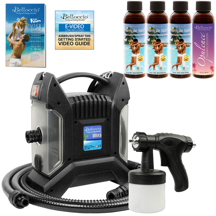 Ultra Pro T85-QC High Performance Sunless Turbine Spray Tanning System; Belloccio 4 Solution Variety Pack & User Guide Video