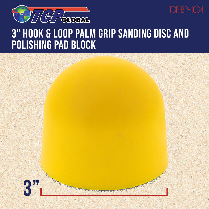 TCP Global 3" Palm Grip Foam Hand Sanding Block Pad for Hook & Loop and 3" DA Sanding Discs - Polishing Pad Holder - Buff Polish Car Wet-Sand