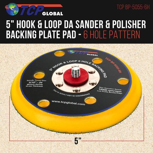 TCP Global 5" DA Sander & Polisher Backing Plate Pad, Hook & Loop, 6 Hole Pattern Dustless - Dual-Action Random Orbital Sanding, Auto Wood Sandpaper