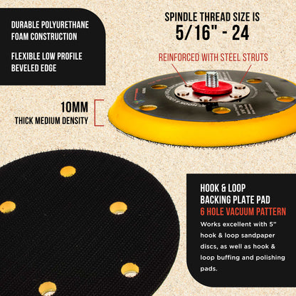 5" DA Sander & Polisher Backing Plate Pad, Hook & Loop, 6 Hole Pattern Dustless - Dual-Action Random Orbital Sanding, Auto Wood Sandpaper
