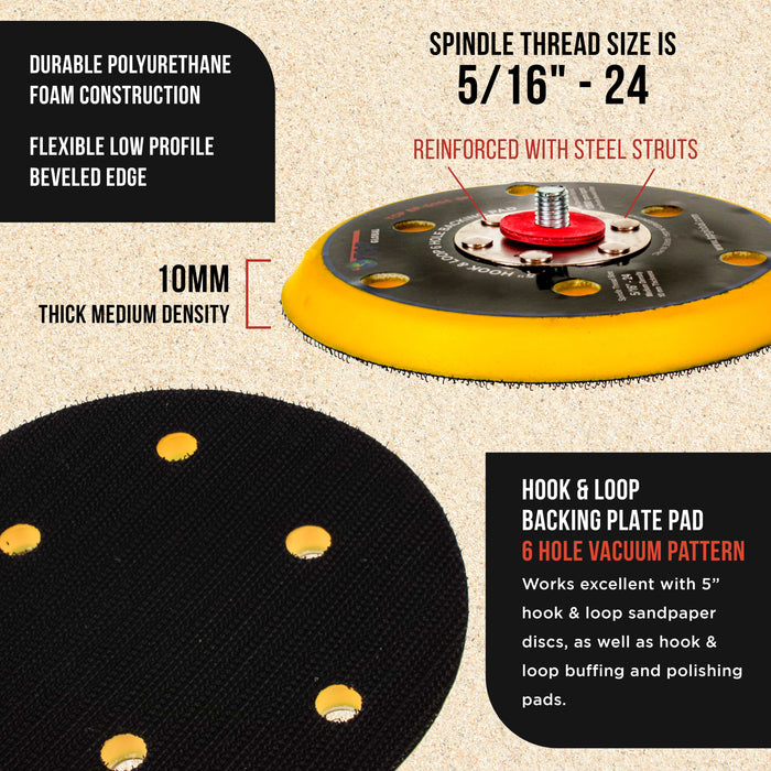 TCP Global 5" DA Sander & Polisher Backing Plate Pad, Hook & Loop, 6 Hole Pattern Dustless - Dual-Action Random Orbital Sanding, Auto Wood Sandpaper