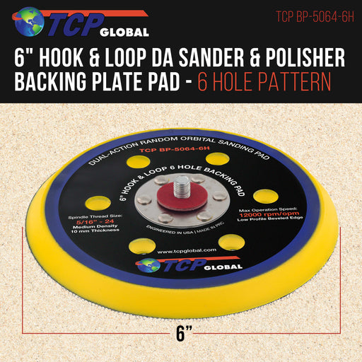 TCP Global 6" Hook & Loop DA Sander & Polisher Backing Plate Pad, 6 Hole Pattern Dustless - Dual-Action Random Orbital Sanding Pad, Low Profile Edge