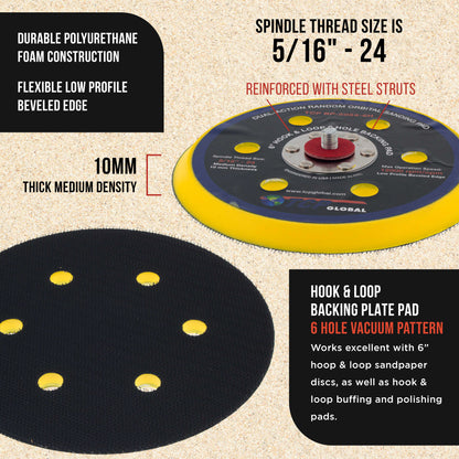 6" Hook & Loop DA Sander & Polisher Backing Plate Pad, 6 Hole Pattern Dustless - Dual-Action Random Orbital Sanding Pad, Low Profile Edge
