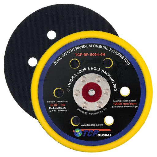 TCP Global 6" Hook & Loop DA Sander & Polisher Backing Plate Pad, 6 Hole Pattern Dustless - Dual-Action Random Orbital Sanding Pad, Low Profile Edge