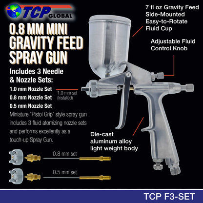 .8mm Miniature "Pistol Grip" Gravity Feed Spray Gun with .5mm & 1.0mm tips & Side Mounted Cup