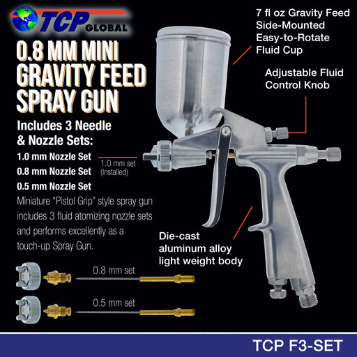 .8mm Miniature "Pistol Grip" Gravity Feed Spray Gun with .5mm & 1.0mm tips & Side Mounted Cup