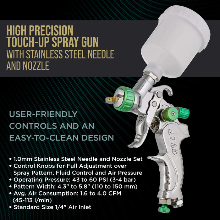 HVLP Mini Detail Touch Up Spray Gun Set - 1.0 mm Stainless Steel Fluid Tip Nozzle, 125cc Plastic Cup, Full Adjustment Control Knobs for Spray Pattern, Fluid & Air Pressure