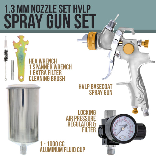Professional HVLP Paint Spray Gun - 1.3mm Fluid Tip, Gravity Feed with Air Regulator & 1-Liter Aluminum Cup, For Basecoats & Clearcoats, Full Adjustment Control Knobs