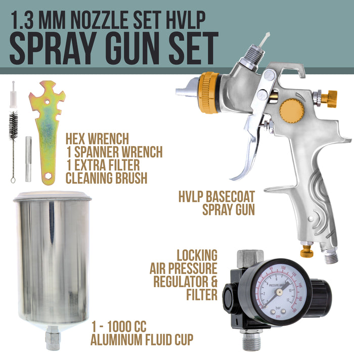 TCP Global Brand Professional Gravity Feed HVLP Spray Gun with a 1.3mm Fluid Tip, 1 Liter Aluminum Cup and Air Regulator