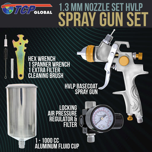 Professional HVLP Paint Spray Gun - 1.3mm Fluid Tip, Gravity Feed with Air Regulator & 1-Liter Aluminum Cup, For Basecoats & Clearcoats, Full Adjustment Control Knobs