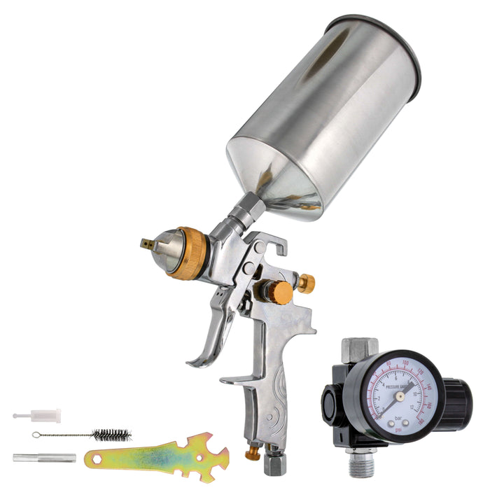 Professional HVLP Paint Spray Gun - 1.3mm Fluid Tip, Gravity Feed with Air Regulator & 1-Liter Aluminum Cup, For Basecoats & Clearcoats, Full Adjustment Control Knobs