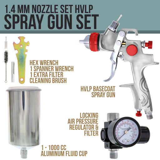 Professional HVLP Paint Spray Gun - 1.4mm Fluid Tip, Gravity Feed with Air Regulator & 1-Liter Aluminum Cup, For Basecoats & Clearcoats, Full Adjustment Control Knobs