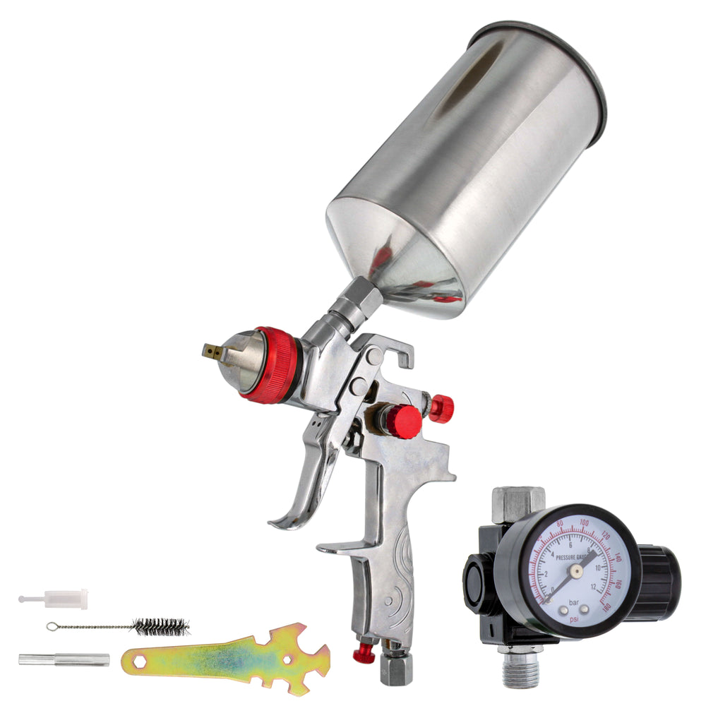 Professional HVLP Paint Spray Gun - 1.4mm Fluid Tip, Gravity Feed with Air Regulator & 1-Liter Aluminum Cup, For Basecoats & Clearcoats, Full Adjustment Control Knobs