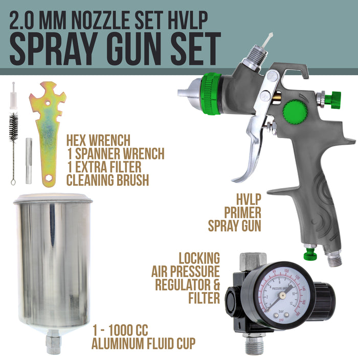 TCP Global Brand Professional Gravity Feed HVLP Spray Gun with a 2.0mm Fluid Tip, 1 Liter Aluminum Cup and Air Regulator