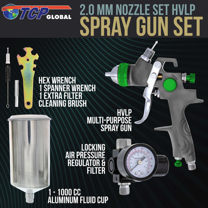 Professional HVLP Paint Spray Gun - 2.0mm Fluid Tip, Gravity Feed with Air Regulator & 1-Liter Aluminum Cup, For High Viscosity Materials, Full Adjustment Control Knobs