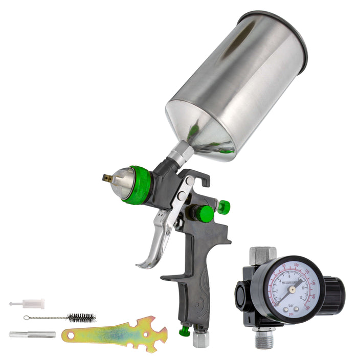 TCP Global Brand Professional Gravity Feed HVLP Spray Gun with 1.8mm and 2.5mm Fluid Tips, 1 Liter Aluminum Cup and Air Regulator