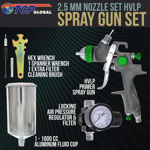 Professional HVLP Paint Spray Gun - 2.5mm Fluid Tip, Gravity Feed with Air Regulator & 1-Liter Aluminum Cup, For High Viscosity Materials, Full Adjustment Control Knobs