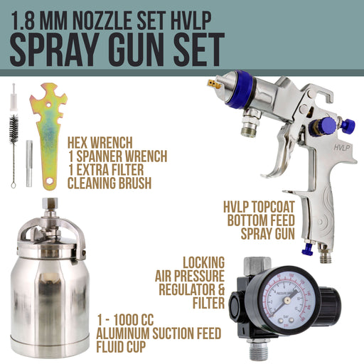 Professional Suction Feed HVLP Spray Gun with a 1.8mm Fluid Tip, 1 Liter Aluminum Cup and Air Regulator
