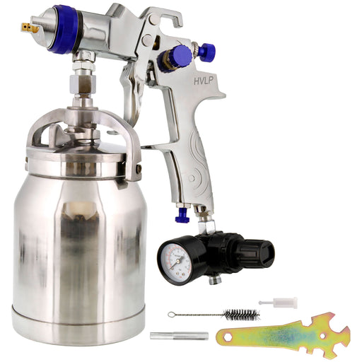 Professional 1.4mm HVLP Paint Spray Gun - Suction Feed with  Air Regulator & Gauge, 1-Liter Aluminum Cup, Stainless Steel Fluid Tip, Ideal for Basecoats, Clearcoats, Topcoats, and more