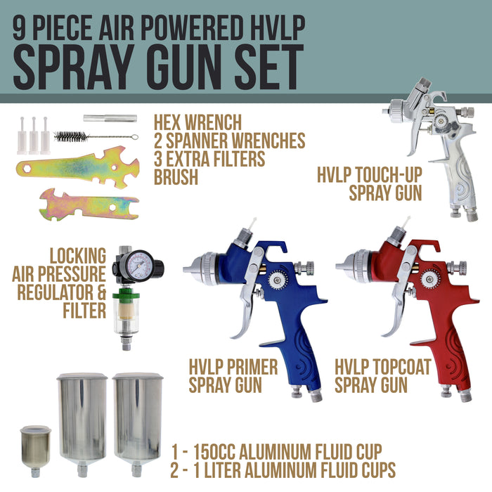 TCP Global Brand Complete Professional 9 Piece HVLP Spray Gun Set with 2 Full Size Spray Guns, 1 Detail Spray Gun, Inline Filter & Air Regulator