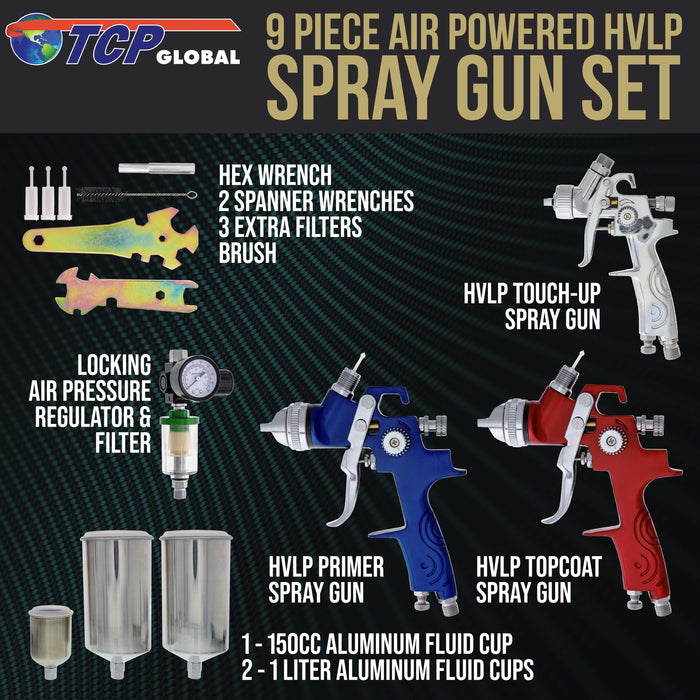 TCP Global Brand Complete Professional 9 Piece HVLP Spray Gun Set with 2 Full Size Spray Guns, 1 Detail Spray Gun, Inline Filter & Air Regulator