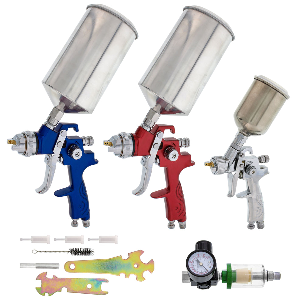 TCP Global Brand Complete Professional 9 Piece HVLP Spray Gun Set with 2 Full Size Spray Guns, 1 Detail Spray Gun, Inline Filter & Air Regulator