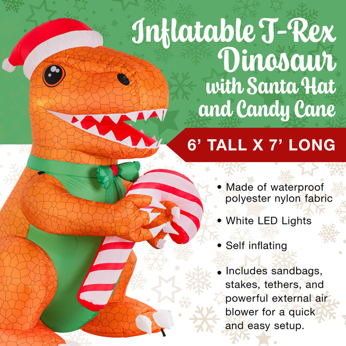 Giant 6' High 7' Long Inflatable T-Rex with Santa Hat and Candy Cane LED Lights Indoor Outdoor Yard Lawn Decoration, Blow Up Ornaments Waterproof