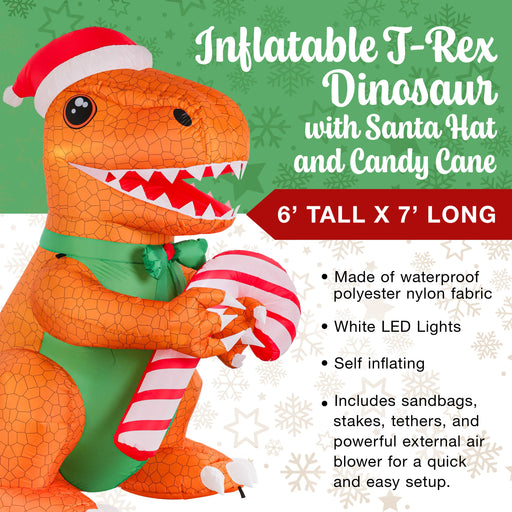 Giant 6' High 7' Long Inflatable T-Rex with Santa Hat and Candy Cane LED Lights Indoor Outdoor Yard Lawn Decoration, Blow Up Ornaments Waterproof