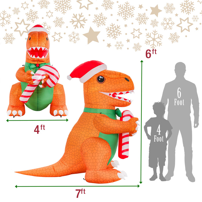 Giant 6' High 7' Long Inflatable T-Rex with Santa Hat and Candy Cane LED Lights Indoor Outdoor Yard Lawn Decoration, Blow Up Ornaments Waterproof