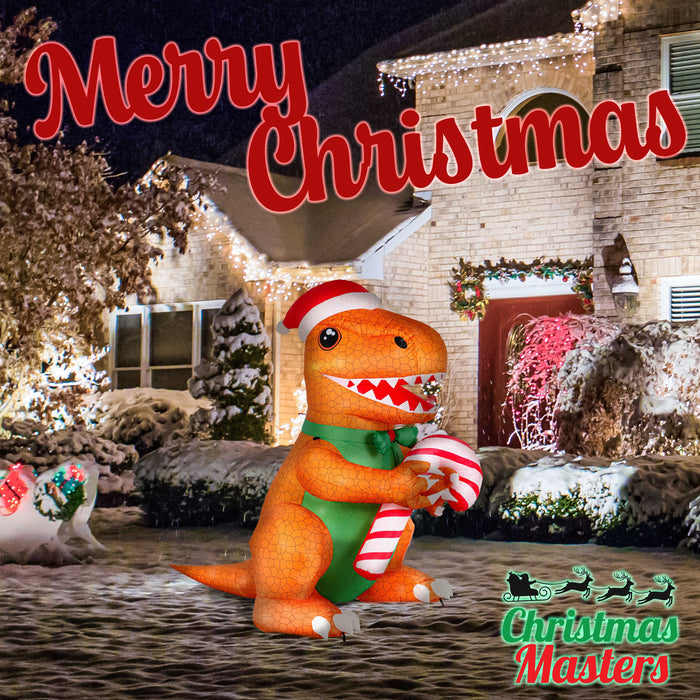 Giant 6' High 7' Long Inflatable T-Rex with Santa Hat and Candy Cane LED Lights Indoor Outdoor Yard Lawn Decoration, Blow Up Ornaments Waterproof