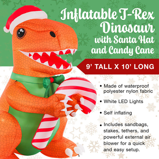 Christmas Masters Giant 9 Foot High 10 Foot Long Inflatable T-Rex Dinosaur with Santa Hat & Candy Cane LED Lights Indoor Outdoor Yard Lawn Decoration