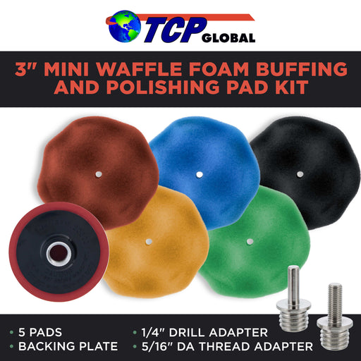 TCP Global Brand 3" Mini Waffle Foam Buffing and Polishing Pad Kit with 5 Pads, Backing Plate, 1/4" Drill Adapter & 5/16" DA Thread Adapter