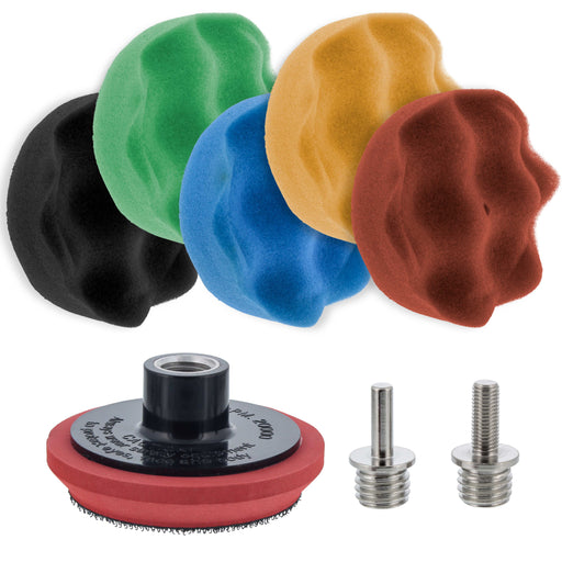 TCP Global Brand 3" Mini Waffle Foam Buffing and Polishing Pad Kit with 5 Pads, Backing Plate, 1/4" Drill Adapter & 5/16" DA Thread Adapter