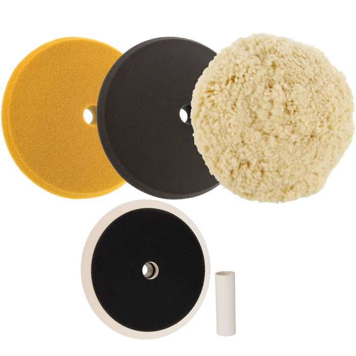 TCP Global Complete 3 Pad Buffing and Polishing Kit with 3-8" Pads; 2 Foam & 1 Wool Grip Pads and a 5/8" Threaded Polisher Grip Backing Plate