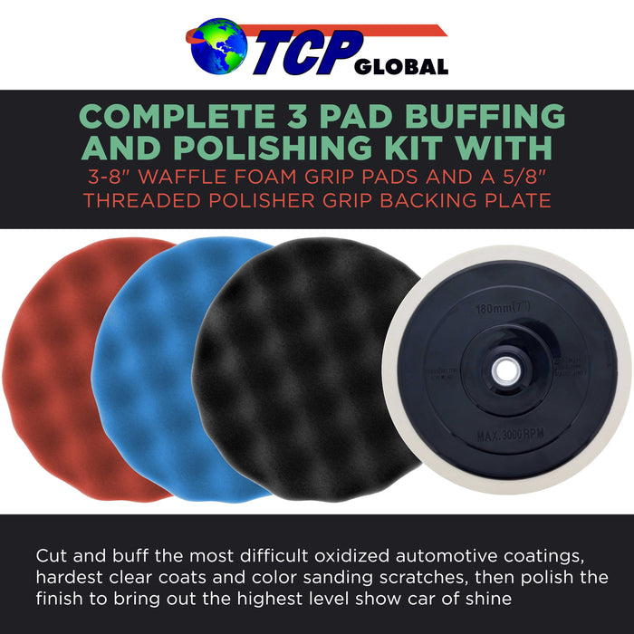 Complete 3 Pad Buffing and Polishing Kit with 3 - 8" Waffle Foam Grip Pads and a 5/8" Threaded Polisher Grip Backing Plate