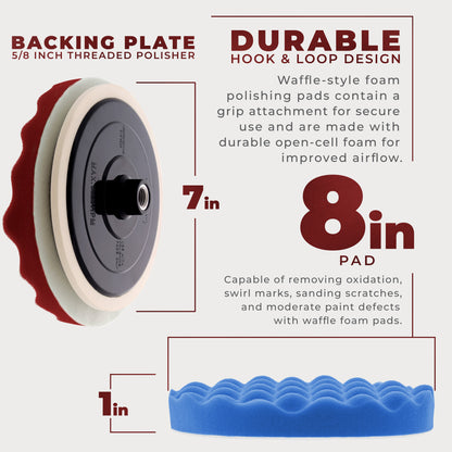 Professional 3 Pad Buffing and Polishing Kit with 8 Inch Waffle Foam Pads for Car Detailing - Complete Polisher Buffing Pad Set with 5/8" Threaded