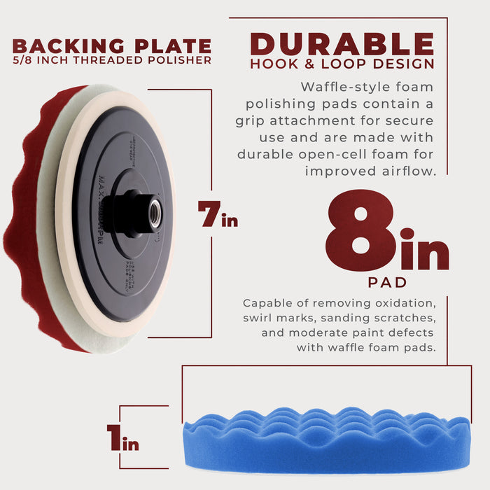 Professional 3 Pad Buffing and Polishing Kit with 8 Inch Waffle Foam Pads for Car Detailing - Complete Polisher Buffing Pad Set with 5/8" Threaded Backing Plate