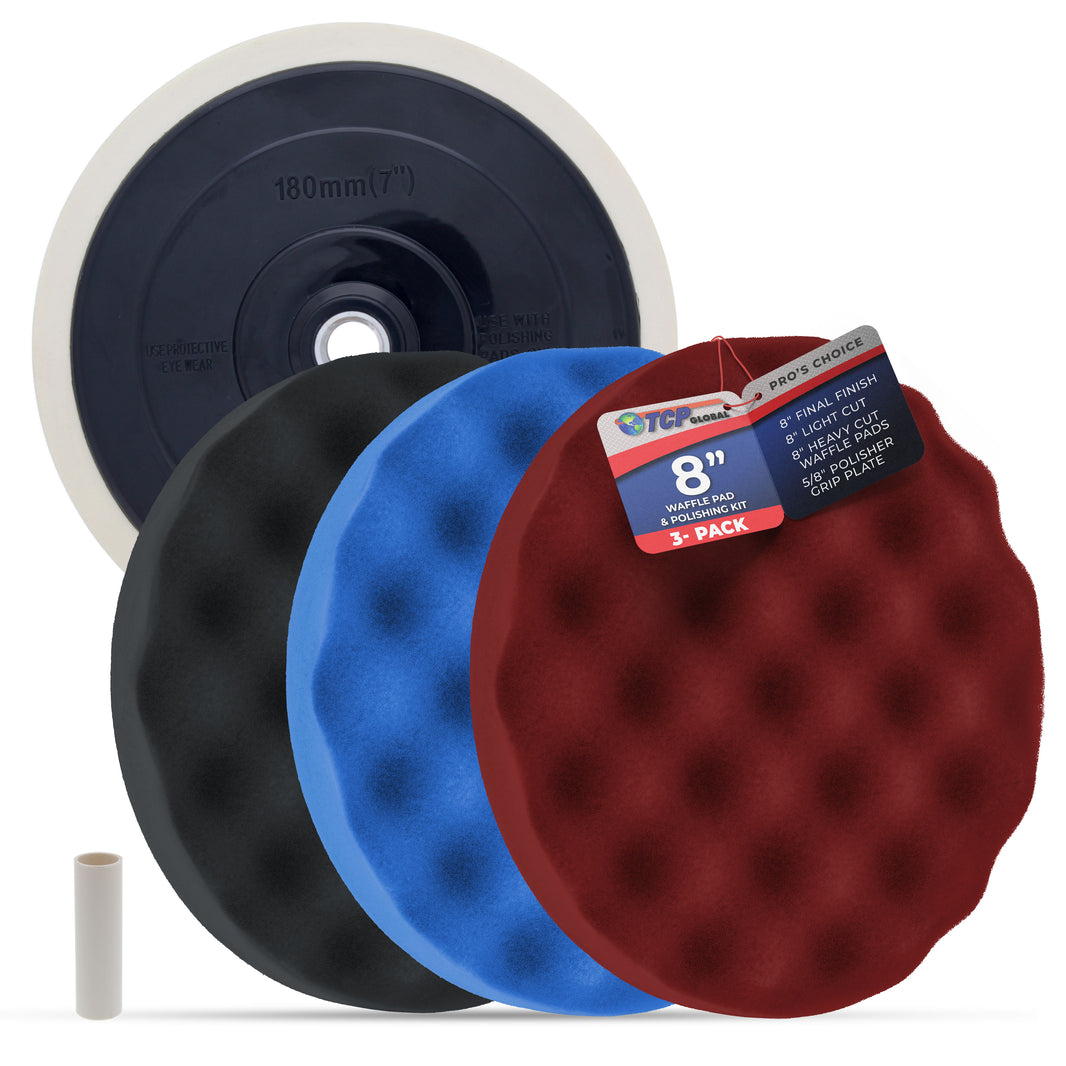 Professional 3 Pad Buffing and Polishing Kit with 8 Inch Waffle Foam Pads for Car Detailing - Complete Polisher Buffing Pad Set with 5/8" Threaded