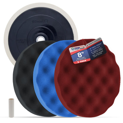 Professional 3 Pad Buffing and Polishing Kit with 8 Inch Waffle Foam Pads for Car Detailing - Complete Polisher Buffing Pad Set with 5/8" Threaded