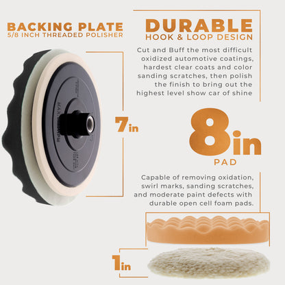 Professional 3 Pad Buffing and Polishing Kit with 2-8 Inch Waffle Foam Pads and 1 Wool Grip Pad for Car Detailing - Complete Polisher Buffing Pads