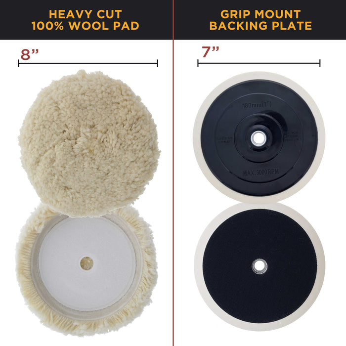 Complete 3 Pad Buffing and Polishing Kit with 3 - 8" Pads; 2 Waffle Foam & 1 Wool Grip Pads and a 5/8" Threaded Polisher Grip Backing Plate