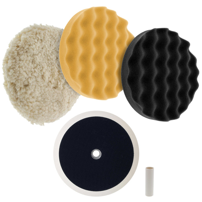 Complete 3 Pad Buffing and Polishing Kit with 3 - 8" Pads; 2 Waffle Foam & 1 Wool Grip Pads and a 5/8" Threaded Polisher Grip Backing Plate