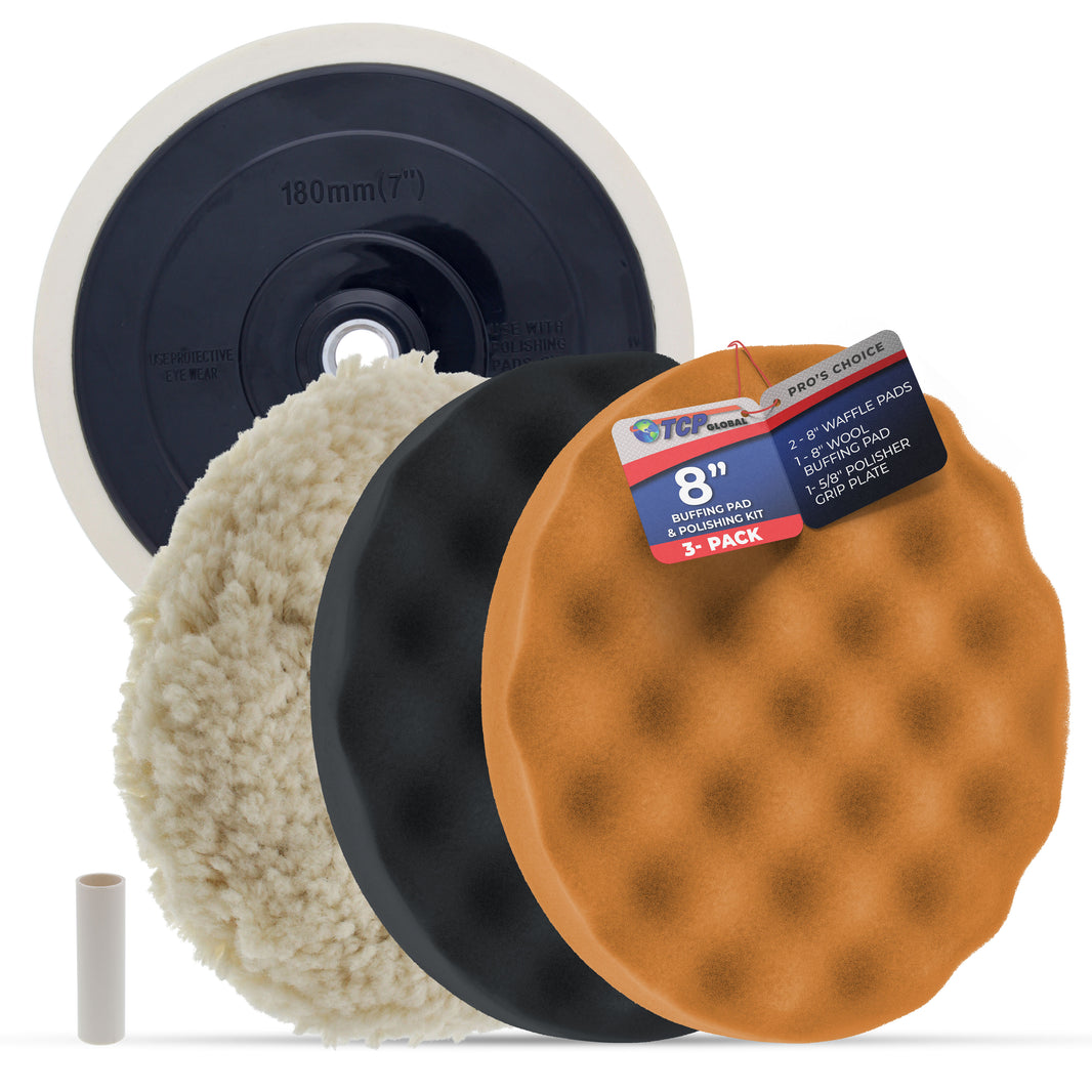 Professional 3 Pad Buffing and Polishing Kit with 2-8 Inch Waffle Foam Pads and 1 Wool Grip Pad for Car Detailing - Complete Polisher Buffing Pads